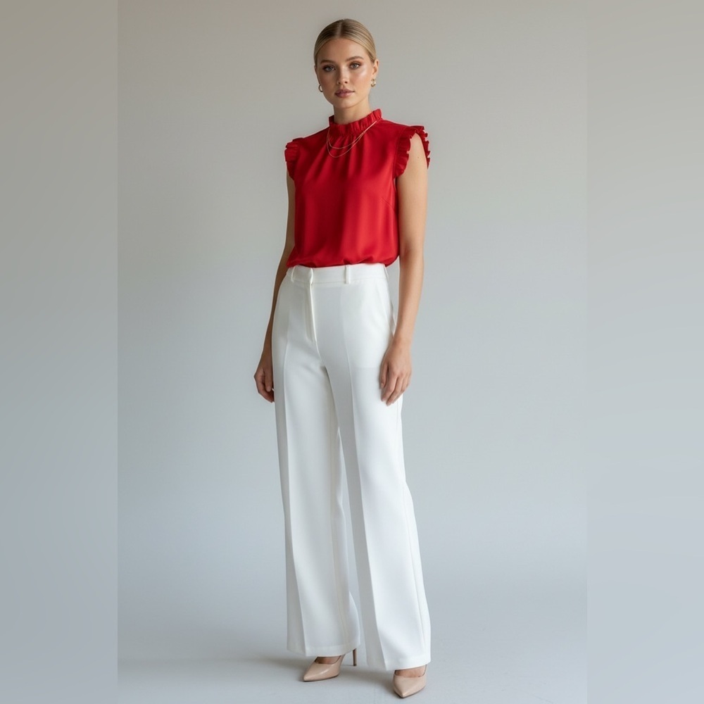 Red Ruffle Sleeve Mock Neck Blouse Women’s Medium Elegant Work Top